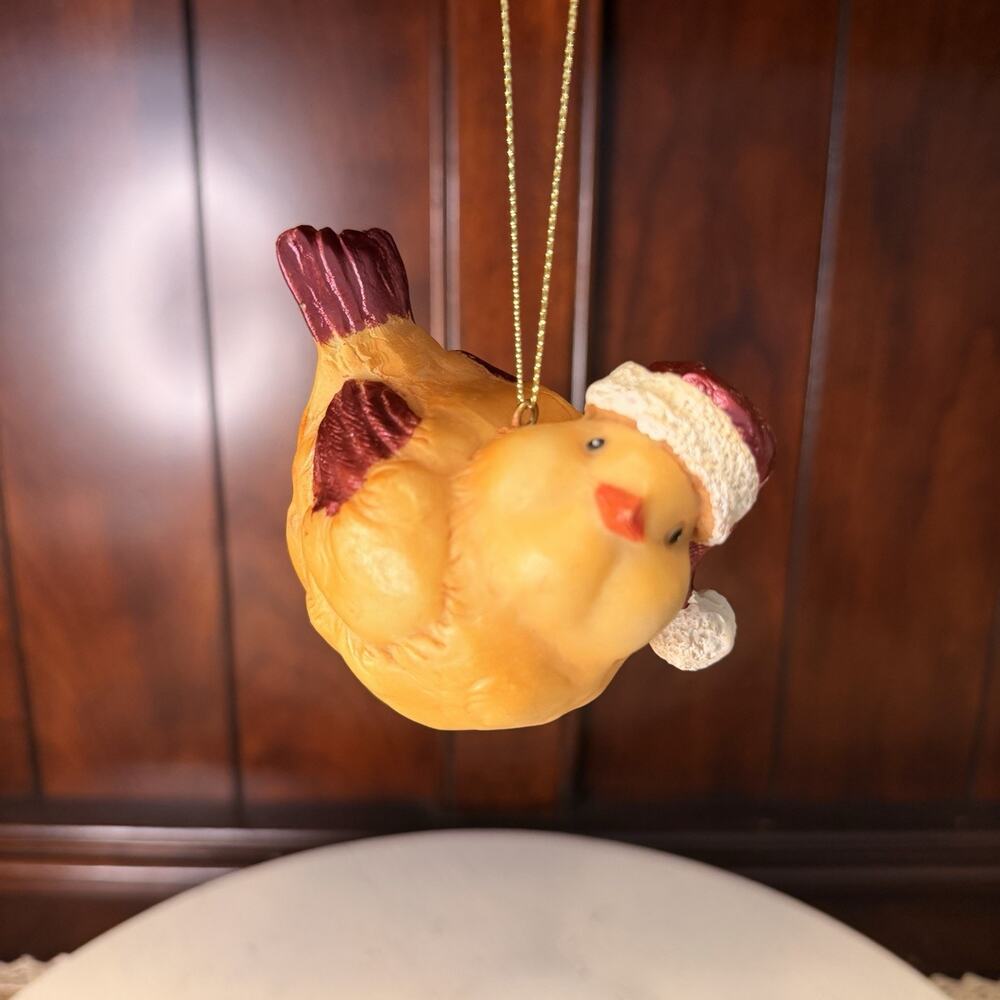 Vintage Chunky Fat Yellow Bird Chick Wearing Santa Hat Christmas Ornament